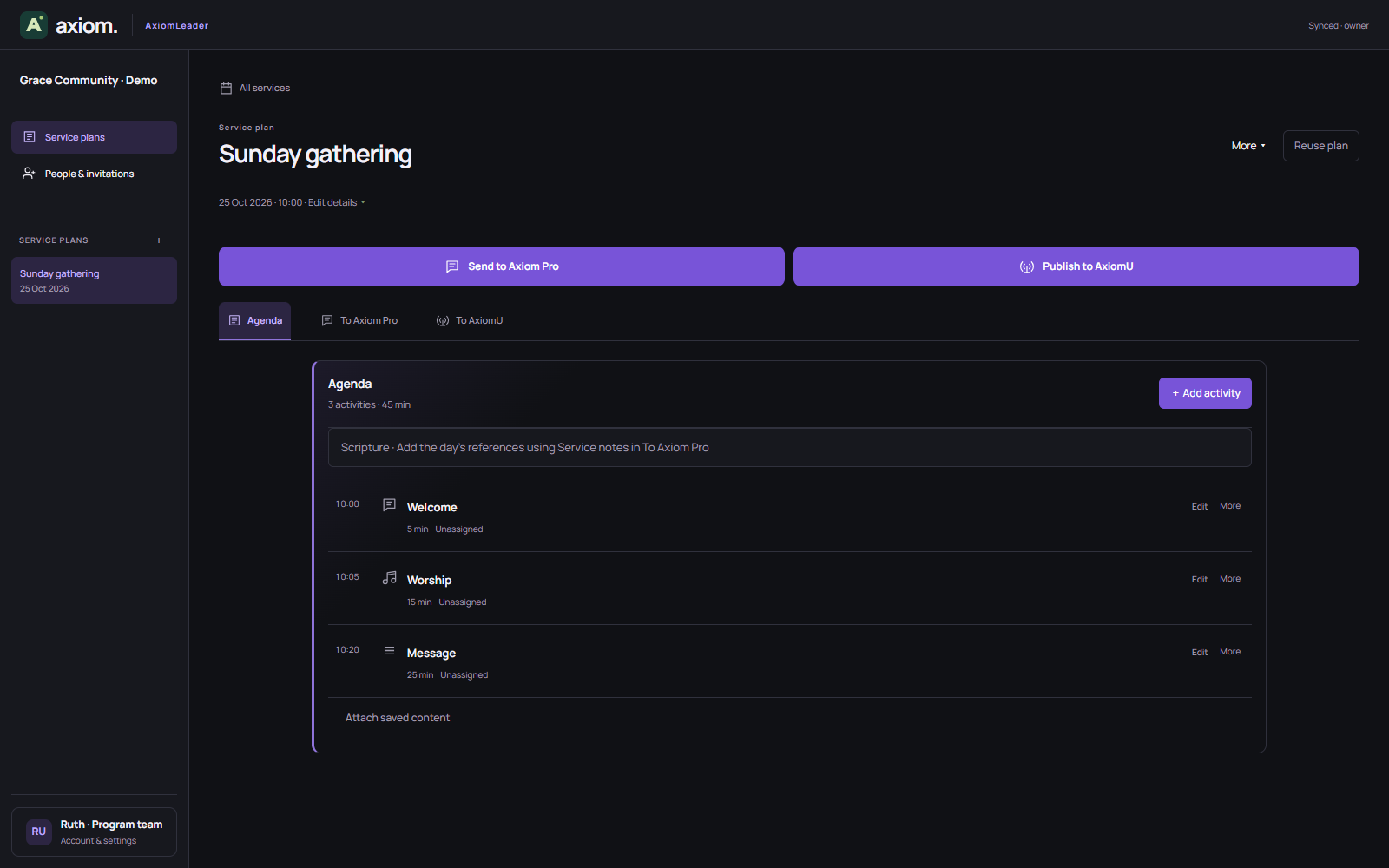 Real AxiomLeader service agenda and team communication