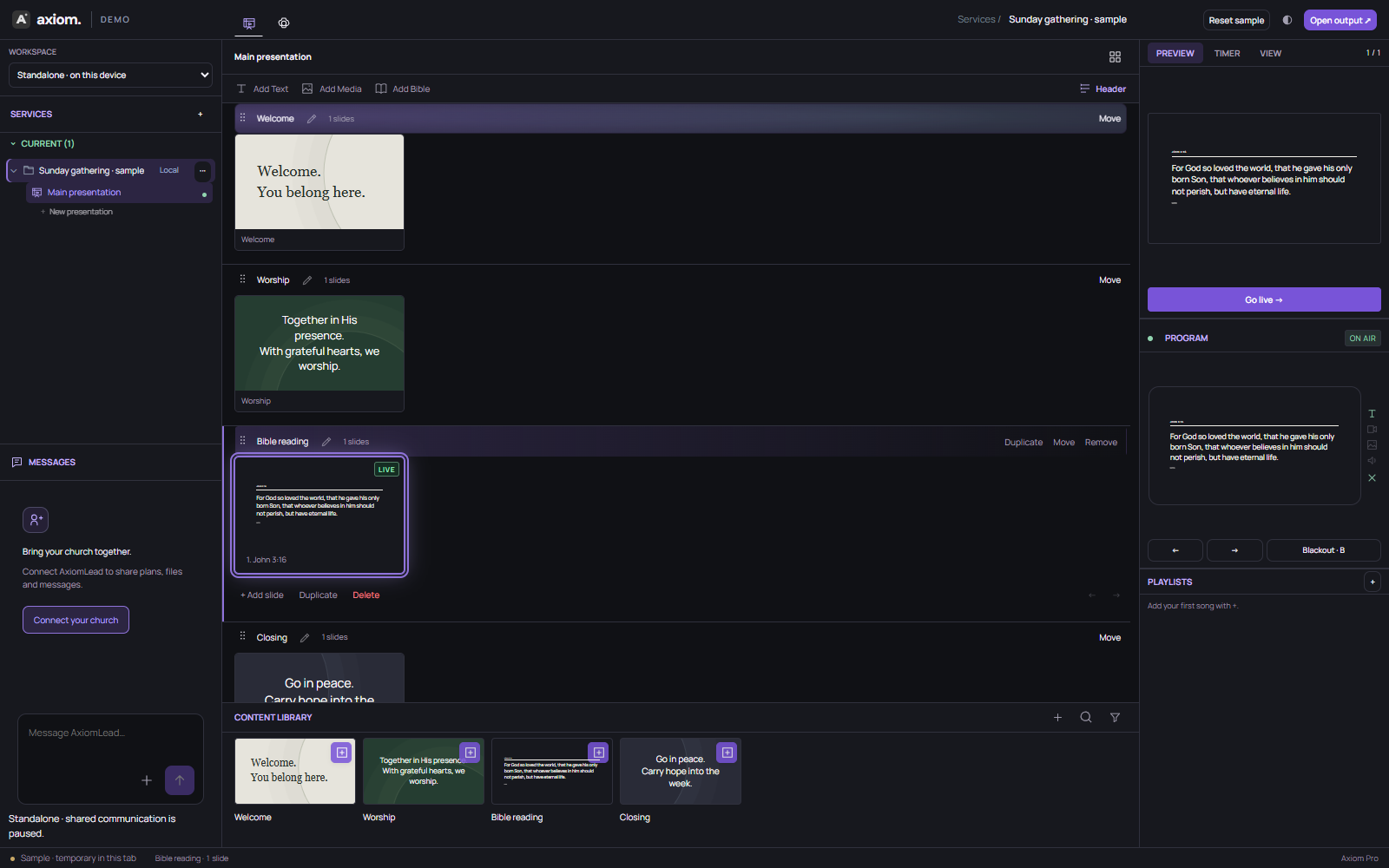 Actual Axiom Pro service organization and slide controls